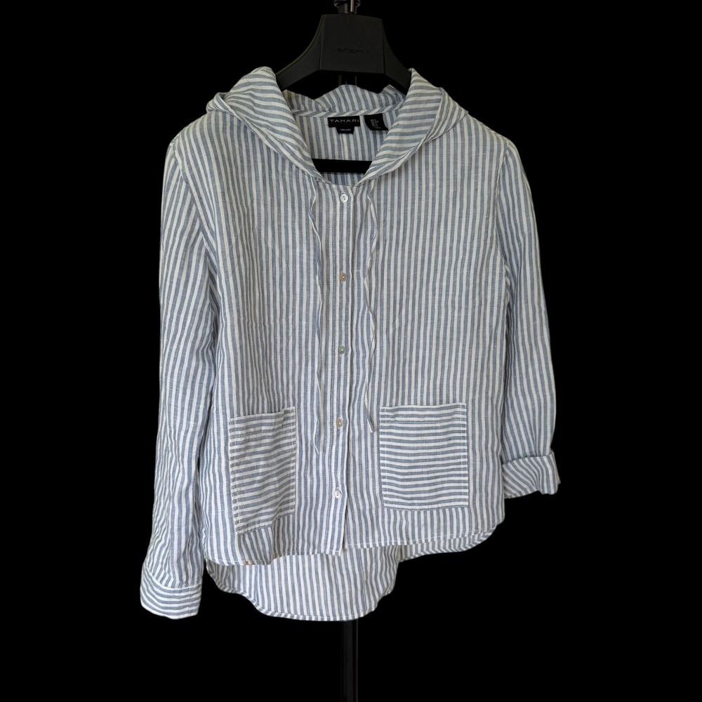 Tahari Womens Blue White Striped 100% Linen Hooded Button Down Shirt Small